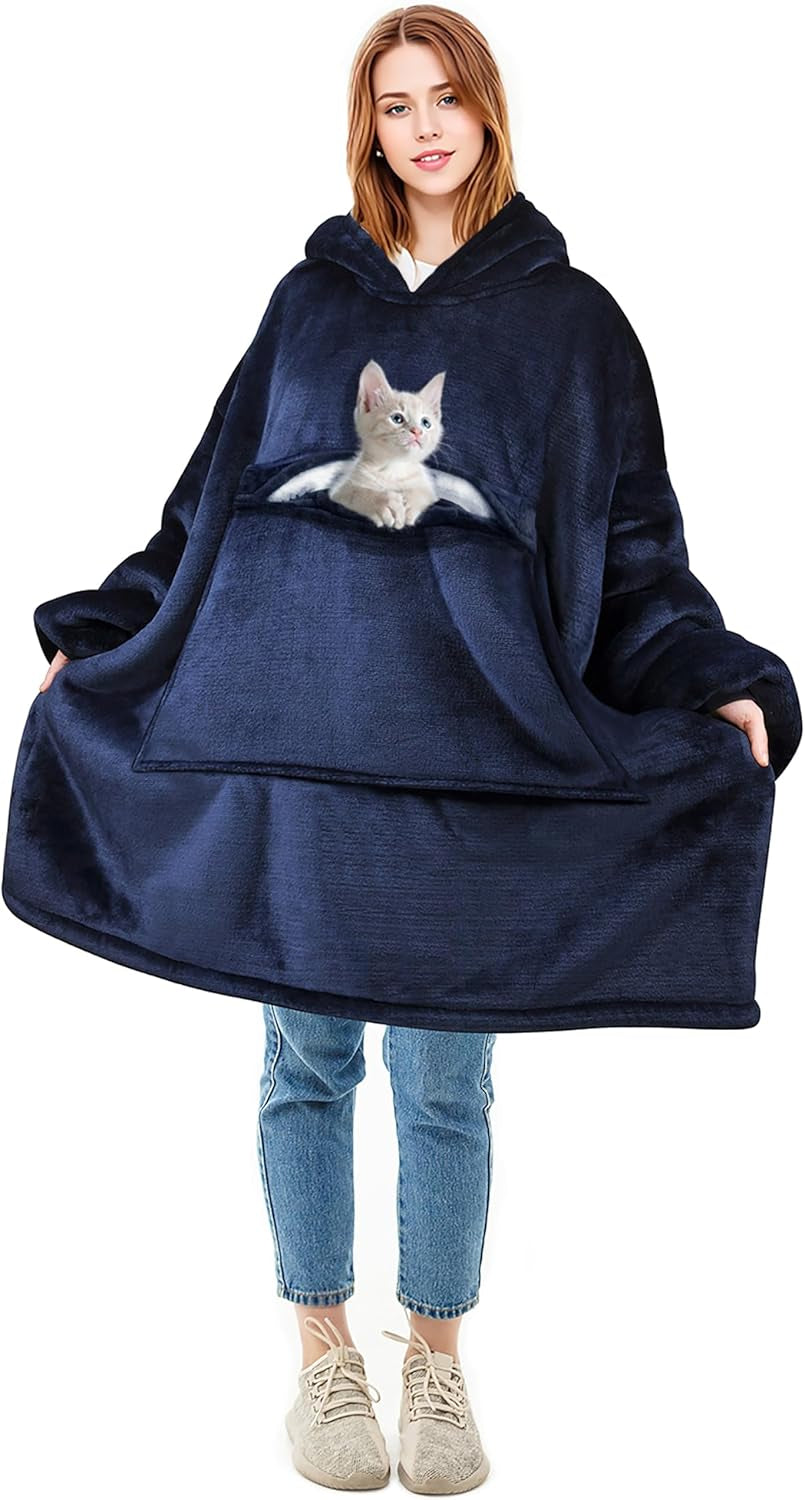 Oversized Wearable Blanket Hoodie with Pet Pocket, Warm Super Soft Cozy Sherpa Sweatshirt Hoodie for Women Men, Best Gift for Your Loves, Deep Blue