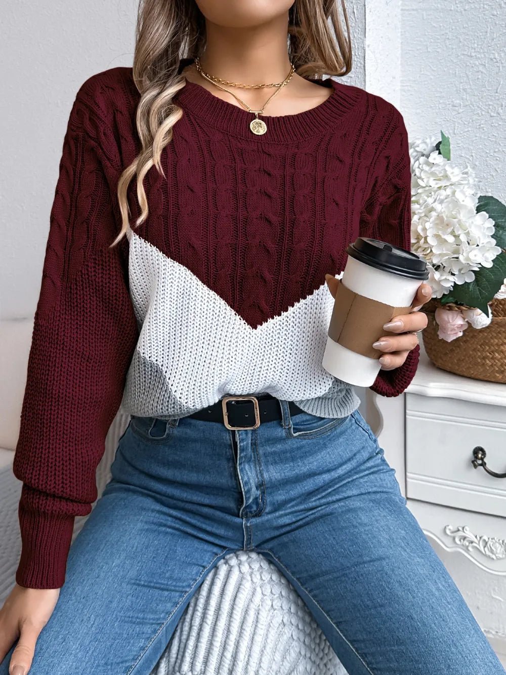 Cable - Knit Color Block Round Neck Sweater - Perfect Discovery