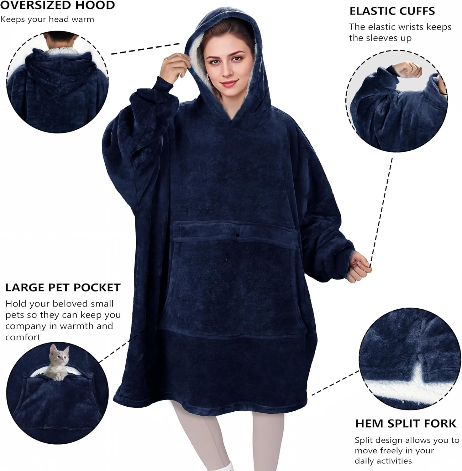 Oversized Wearable Blanket Hoodie with Pet Pocket, Warm Super Soft Cozy Sherpa Sweatshirt Hoodie for Women Men, Best Gift for Your Loves, Deep Blue