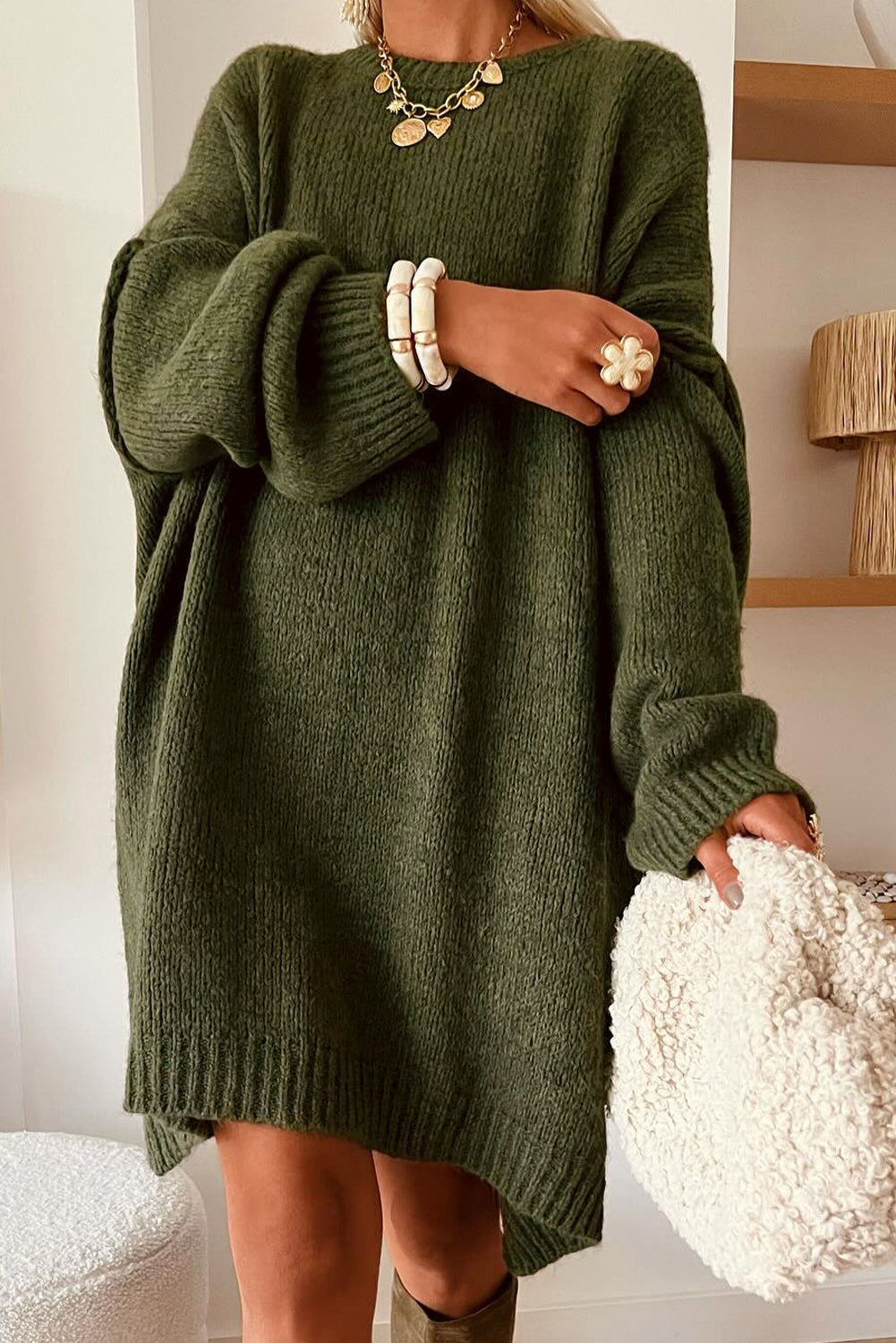 Pale Khaki Oversize Drop Shoulder Slouchy Sweater Dress