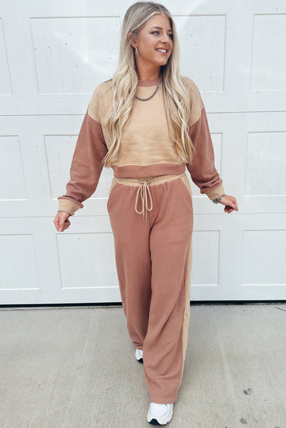 Khaki Color Block Long Sleeve Crop Top Drawstring Pant Set - Perfect Discovery