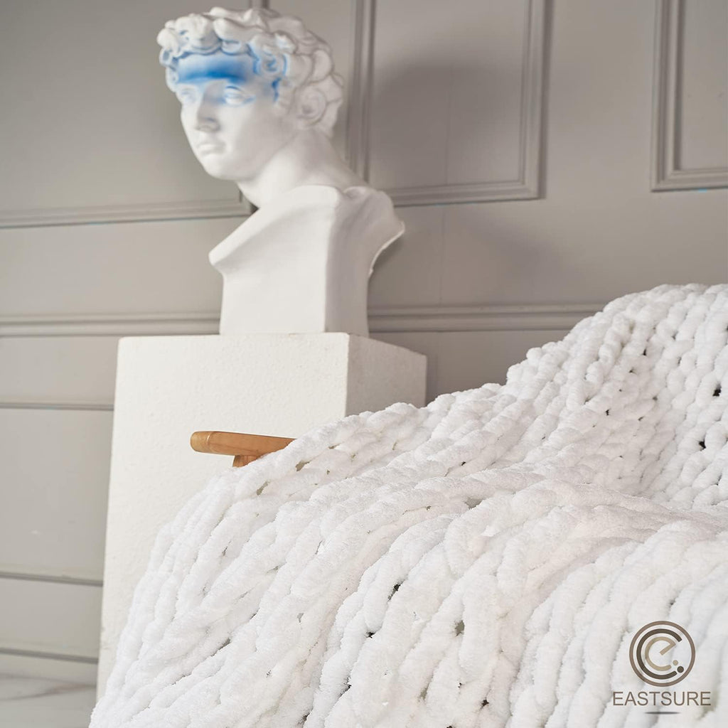 Chunky Knit Blanket Chenille Throw - Warm Soft Cozy for Sofa Bed Boho Home Decor 100% Hand Made Stylish & Cosy Throw Blanket White 60"X80"(Full Size)