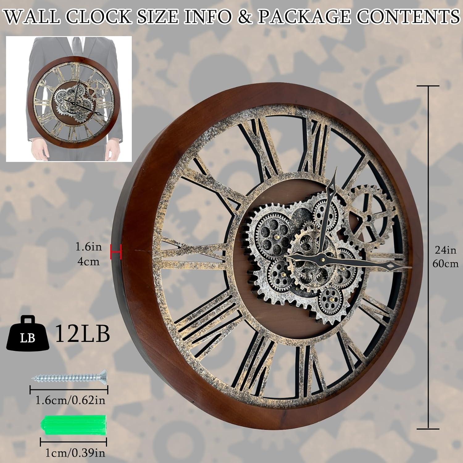 Large Wall Clock, 24 Inch Wall Clocks for Living Room Decor Farmhouse Vintage Rustic Kitchen Wall Decor Vintage Roman Big Oversized Wall Clock for Home Bedroom House Office, Moving Gears Clock