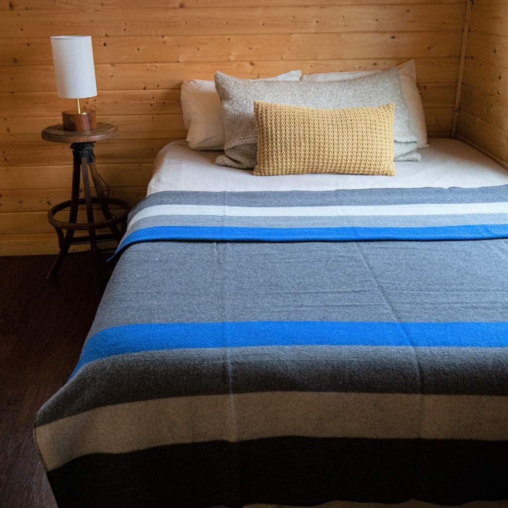 Rainier Wool Blanket - 4.5Lbs Warm, Heavy, Washable, Large | Great for Camping, Outdoors, Survival & Emergency Kits (White Blue Gray)