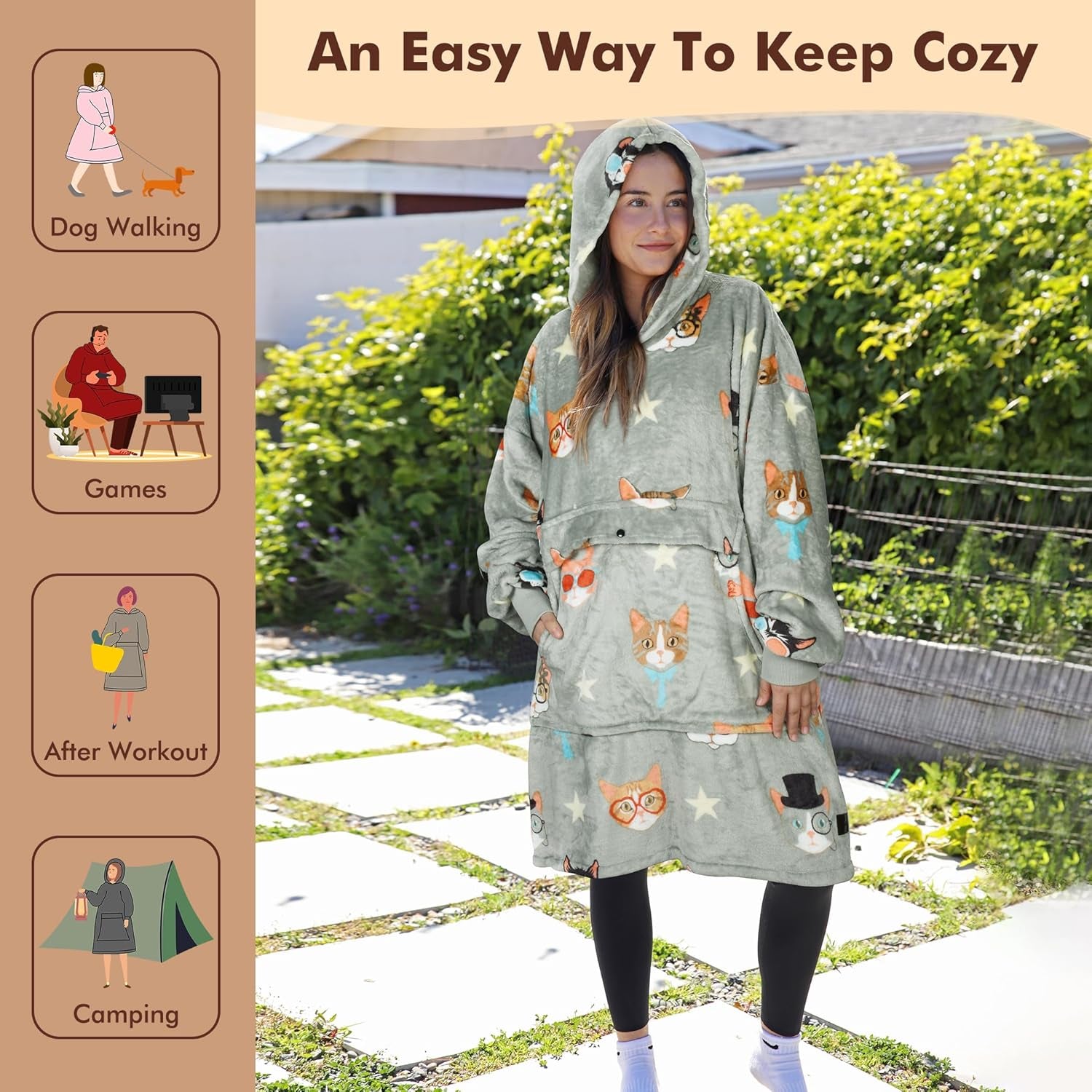 Wearable Blanket Hoodie for Adult, Hooded Flannel Blanket, Cartoon Oversized Fleece Sweatshirt, Gift for Women, Mom