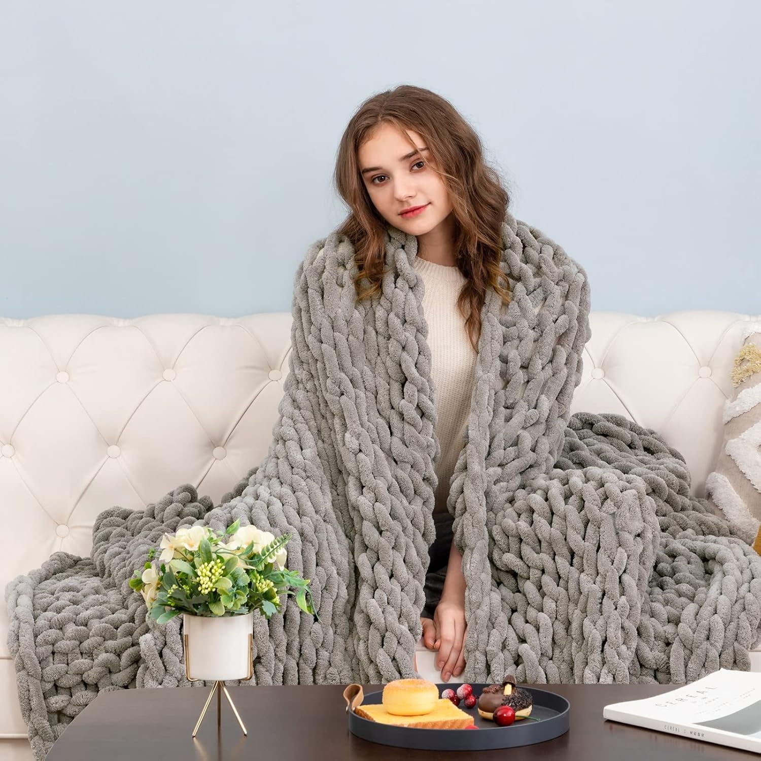 Chunky Knit Blanket Soft Chenille Throw Blanket Handmade Knitted Yarn Blanket for Couch Bed Sofa Home Decor Gift
