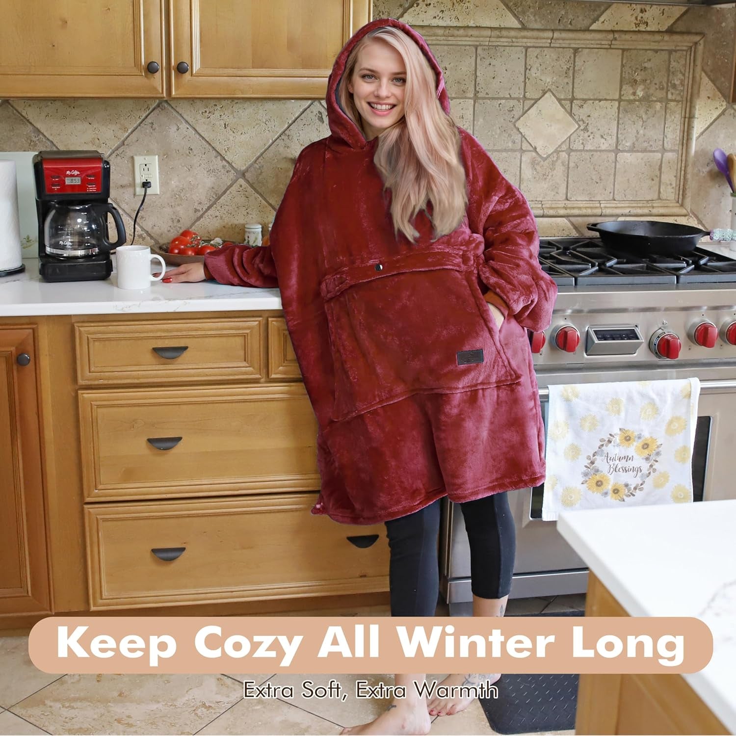 Oversized Hoodie Blanket Sweatshirt Comfortable Sherpa Giant Wearable Blankets Gift for Adults Men Women Teenagers Wife Girlfriend Wine