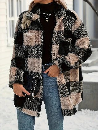 Button Down Collared Neck Plaid Teddy Coat with Pockets - Perfect Discovery