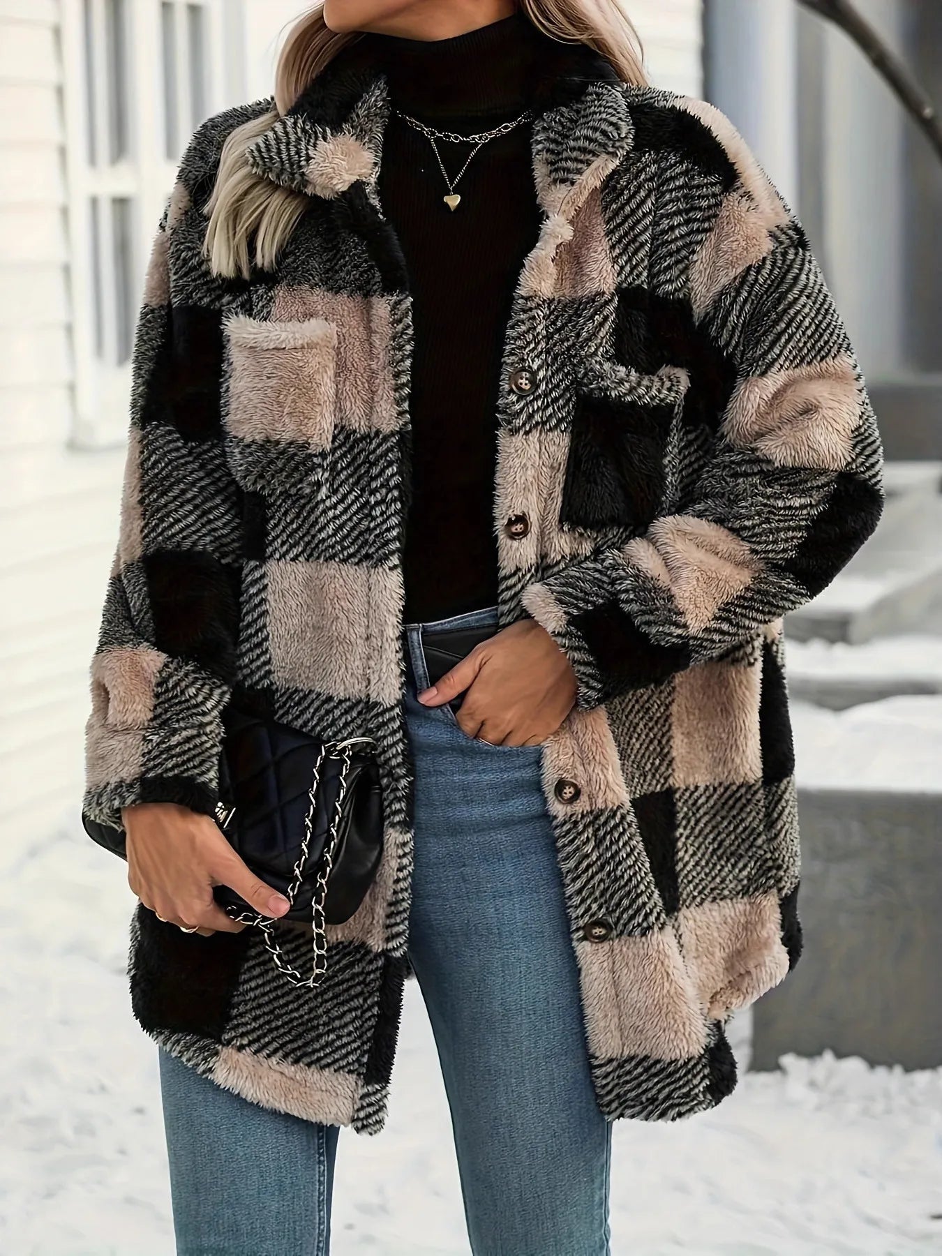 Button Down Collared Neck Plaid Teddy Coat with Pockets - Perfect Discovery