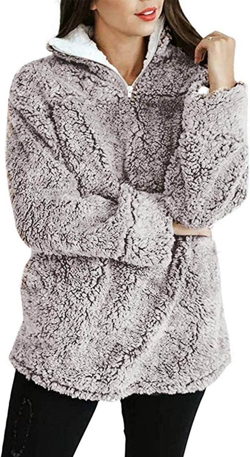 Women'S Long Sleeve 1/4 Zipper Pullover Sherpa Fleece Winter Oversized Outwear Sweatshirt Coat