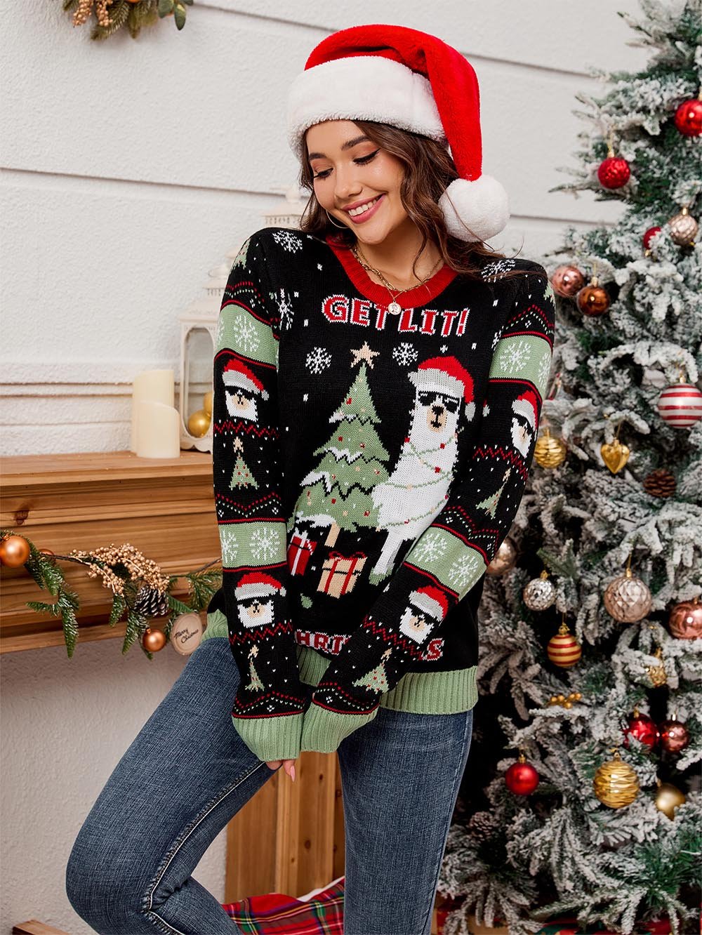Alpaca Patterned Loose Christmas Sweater with Lights - Perfect Discovery