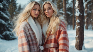 Two women in a snowy forest wearing plaid coats.