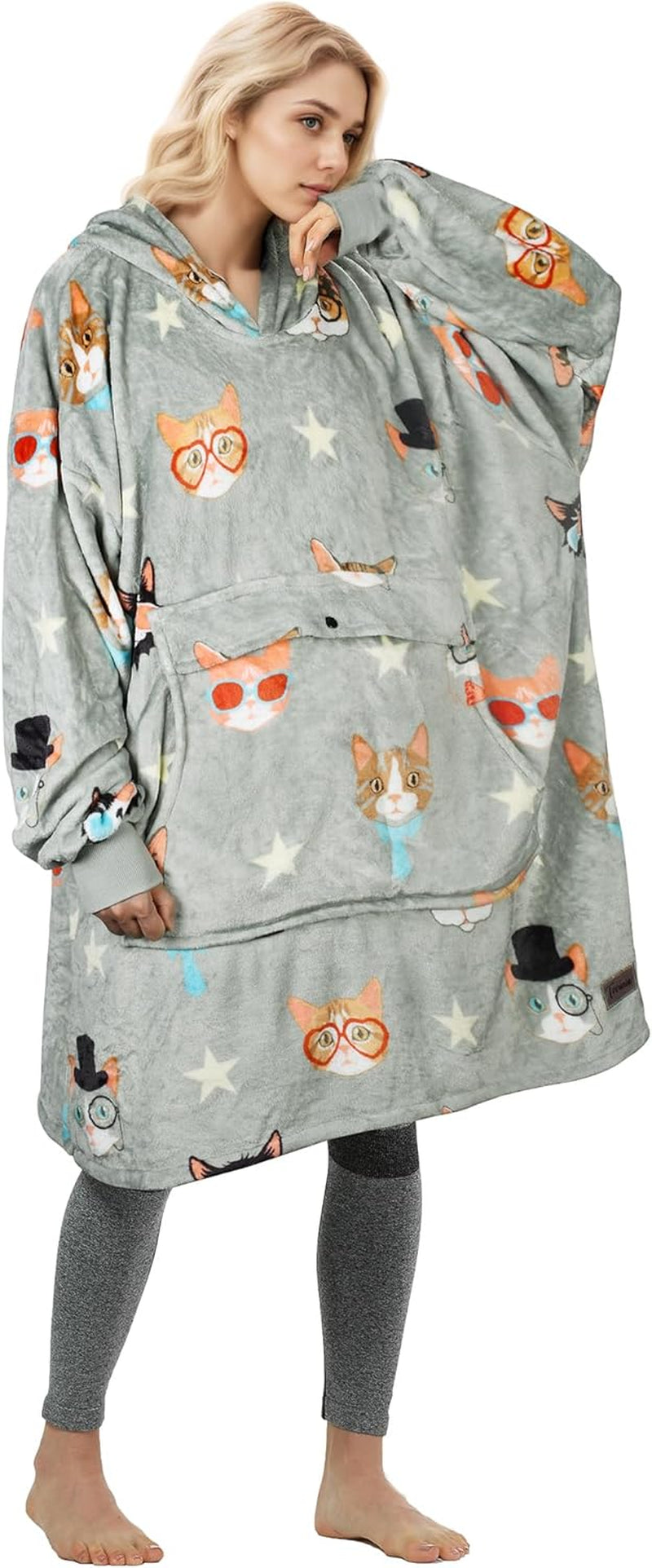 Wearable Blanket Hoodie for Adult, Hooded Flannel Blanket, Cartoon Oversized Fleece Sweatshirt, Gift for Women, Mom