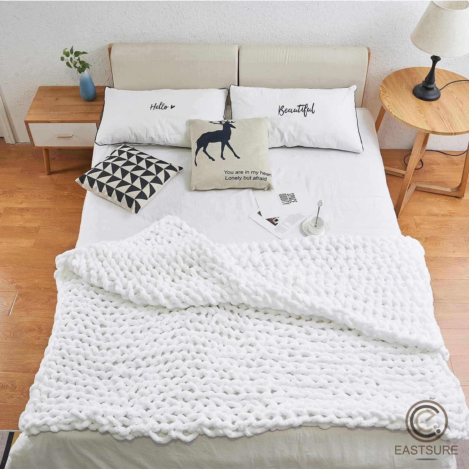 Chunky Knit Blanket Chenille Throw - Warm Soft Cozy for Sofa Bed Boho Home Decor 100% Hand Made Stylish & Cosy Throw Blanket White 60"X80"(Full Size)