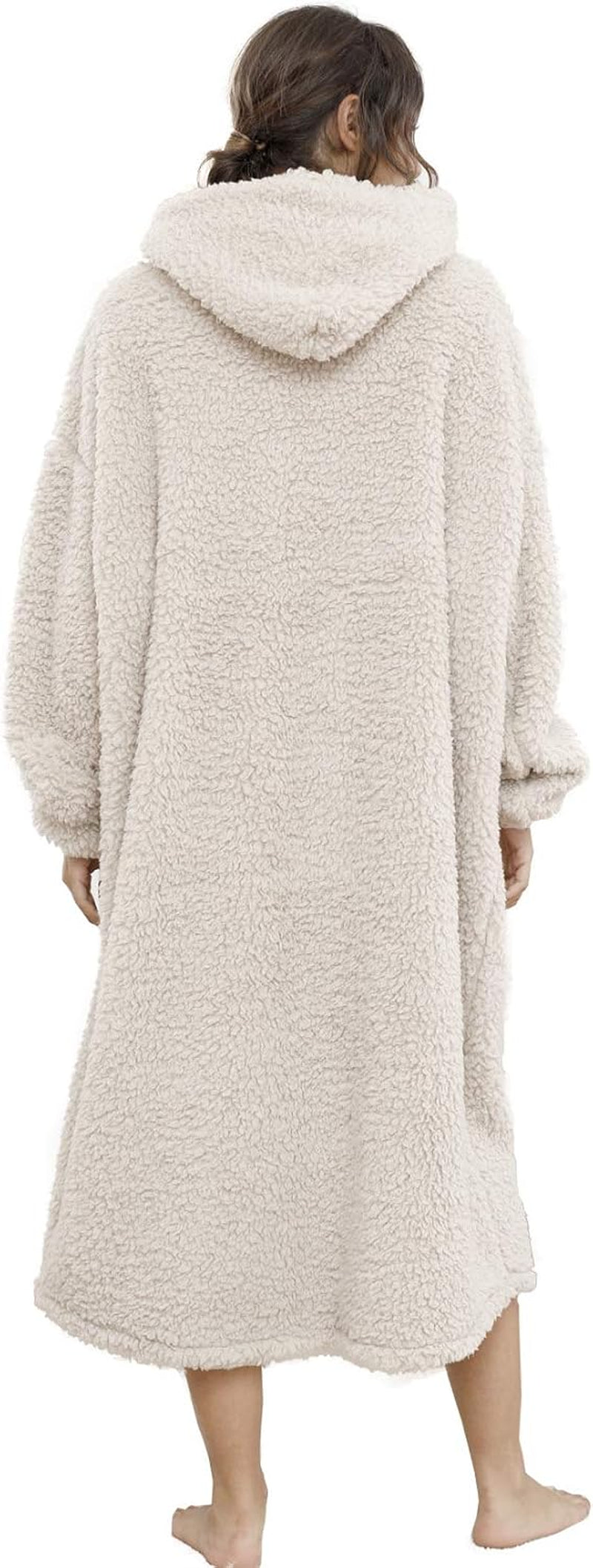 Sherpa Wearable Blanket Oversized Hoodie Sweatshirt TV Blanket with Long Sleeves and Pocket-Beige