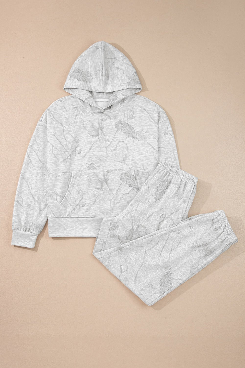 Light Grey Feather Camouflage Print Loose Drop Sleeve Hoodie and Pants Set - Perfect Discovery