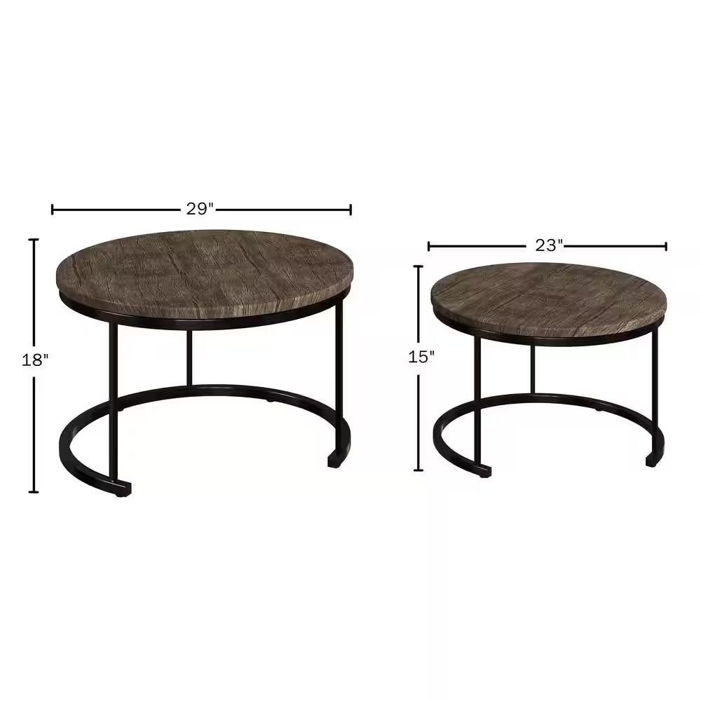 Round 29 In. Coffee Table Set-2-Piece Nesting Tables Gray-Brown Wood Grain-Look