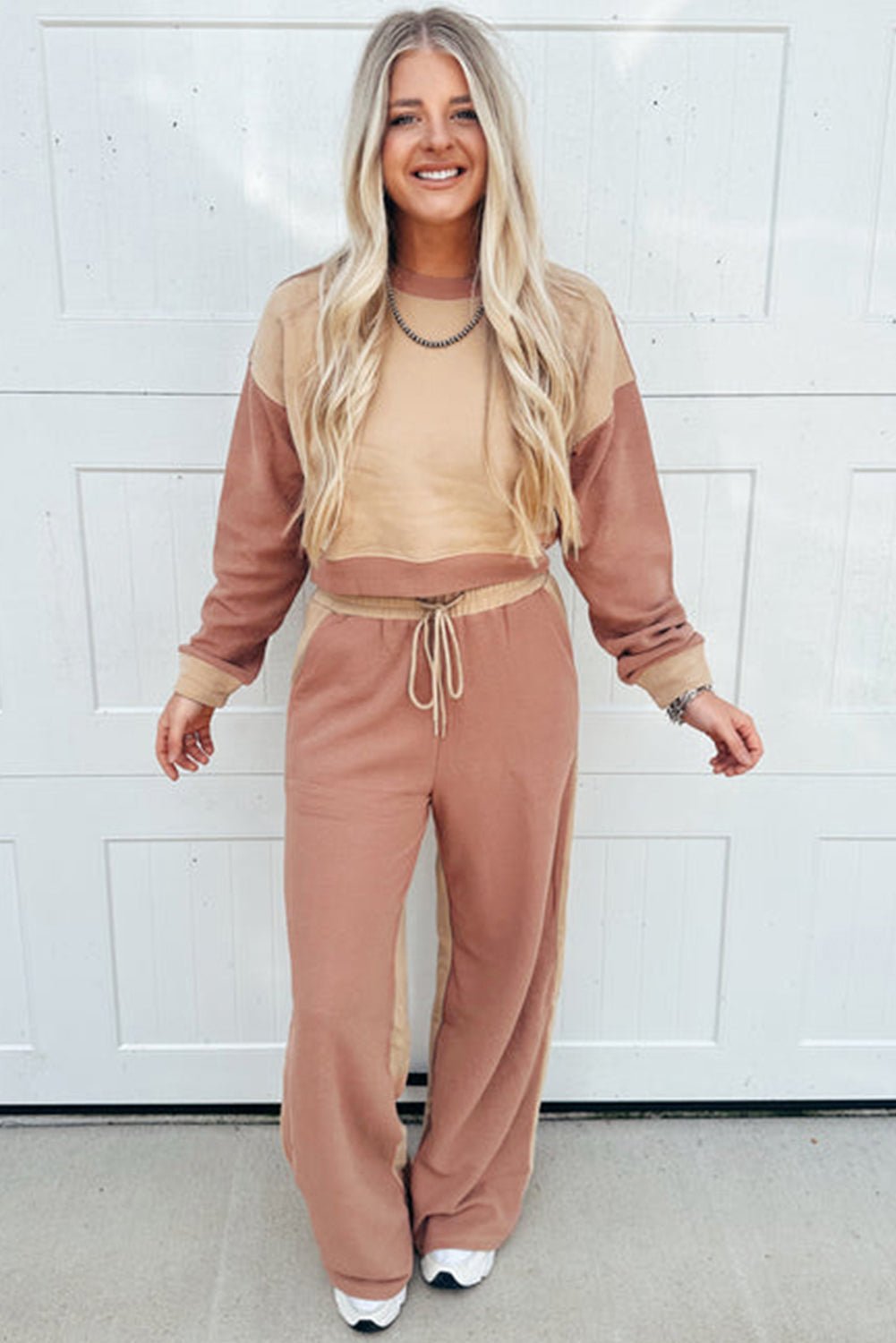 Khaki Color Block Long Sleeve Crop Top Drawstring Pant Set - Perfect Discovery