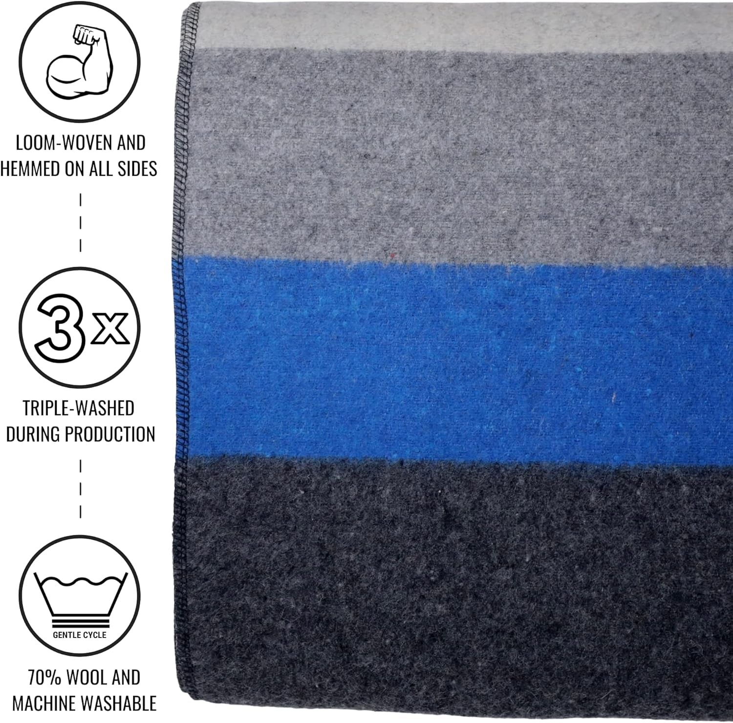 Rainier Wool Blanket - 4.5Lbs Warm, Heavy, Washable, Large | Great for Camping, Outdoors, Survival & Emergency Kits (White Blue Gray)