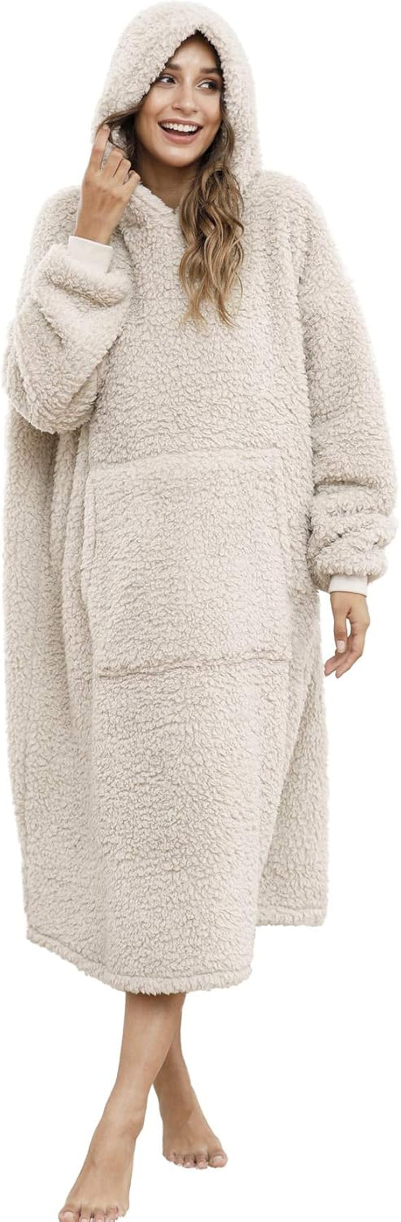 Sherpa Wearable Blanket Oversized Hoodie Sweatshirt TV Blanket with Long Sleeves and Pocket-Beige