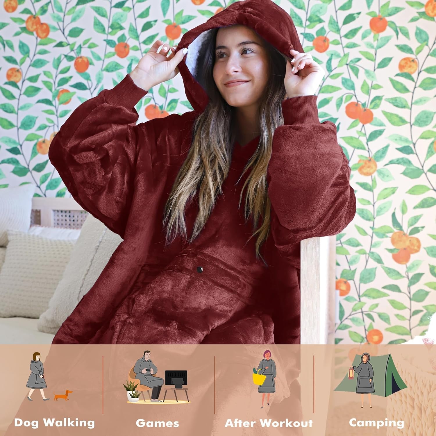Oversized Hoodie Blanket Sweatshirt Comfortable Sherpa Giant Wearable Blankets Gift for Adults Men Women Teenagers Wife Girlfriend Wine