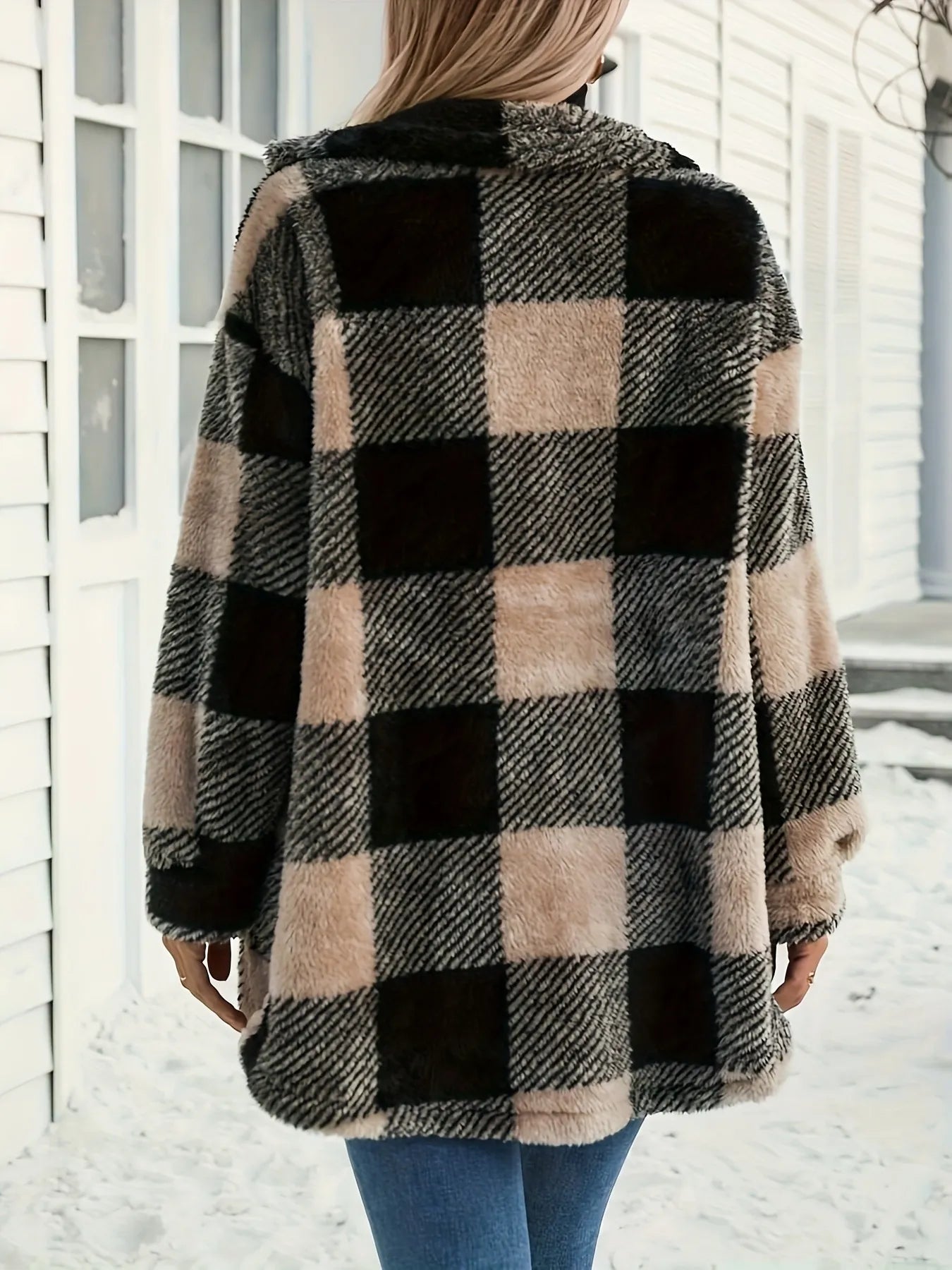 Button Down Collared Neck Plaid Teddy Coat with Pockets - Perfect Discovery