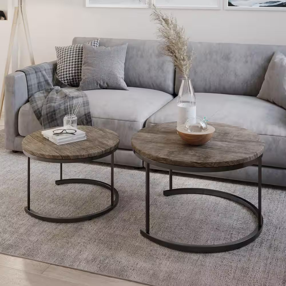Round 29 In. Coffee Table Set-2-Piece Nesting Tables Gray-Brown Wood Grain-Look