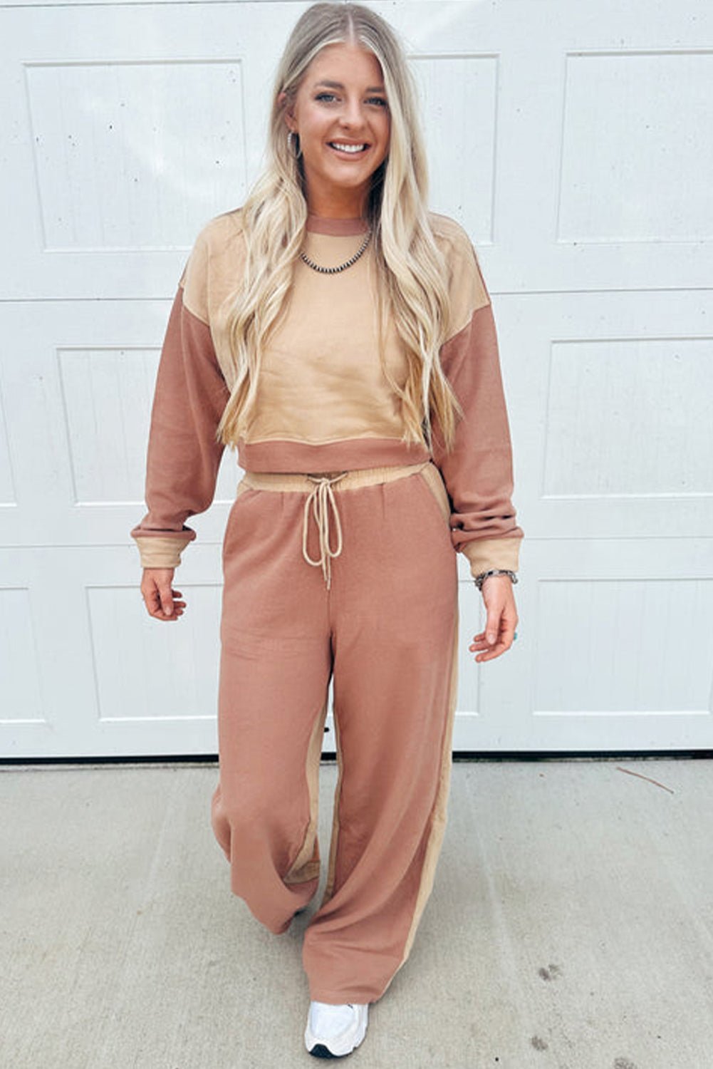 Khaki Color Block Long Sleeve Crop Top Drawstring Pant Set - Perfect Discovery