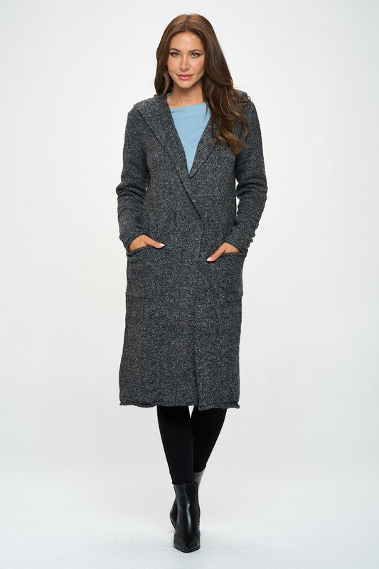 Charcoal Knit Open Front Cardigan Sweater with Pockets and Hood