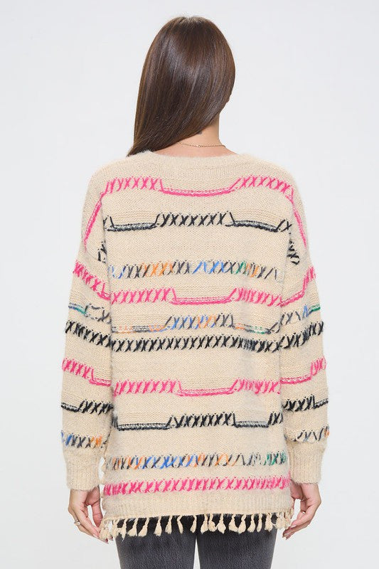 Knit Multicolor Frayed Hi-Lo Sweater