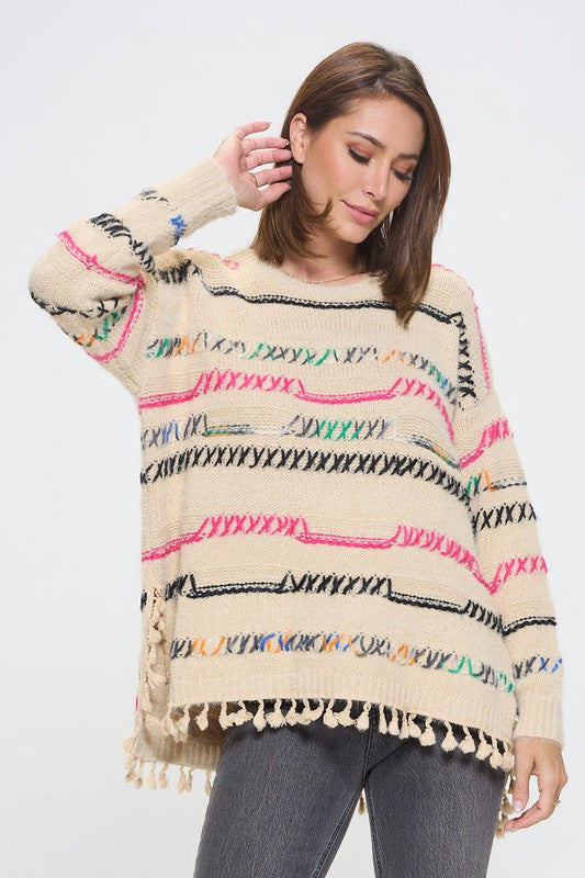 Knit Multicolor Frayed Hi-Lo Sweater