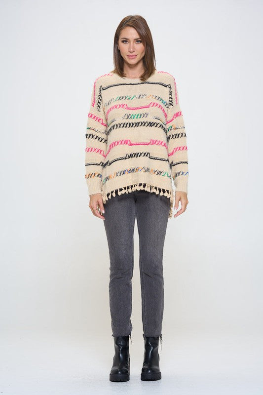 Knit Multicolor Frayed Hi-Lo Sweater