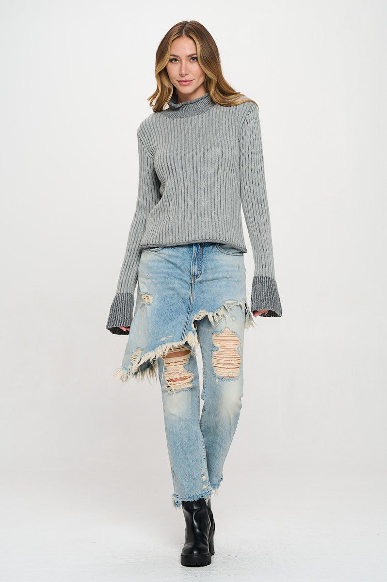 Cotton Mock Neck Sweater with Colorblock Sleeve