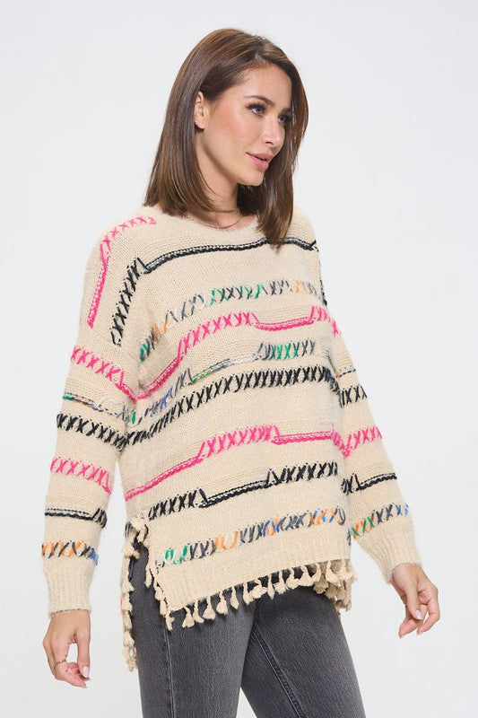 Knit Multicolor Frayed Hi-Lo Sweater