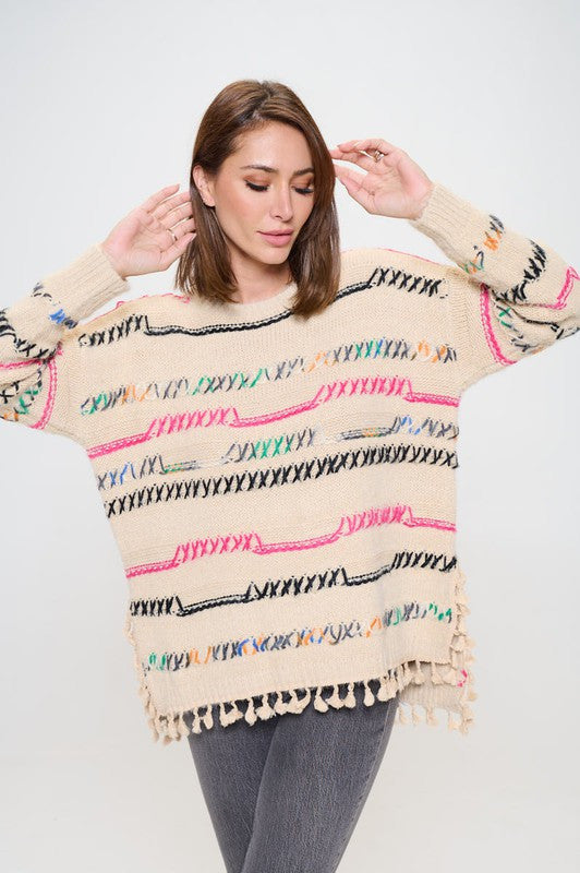 Knit Multicolor Frayed Hi-Lo Sweater