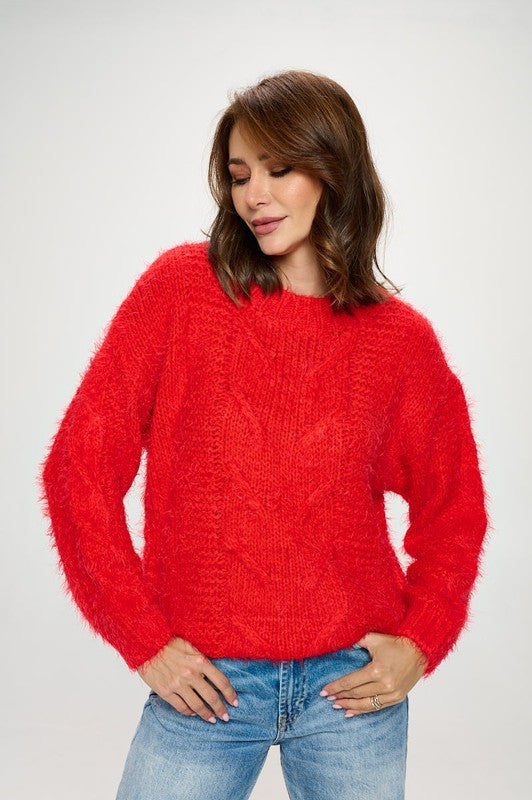 Roundneck Cozy Knit Braid Detail Sweater
