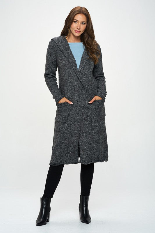 Charcoal Knit Open Front Cardigan Sweater with Pockets and Hood
