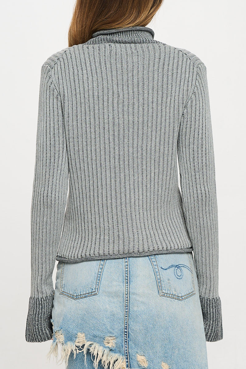 Cotton Mock Neck Sweater with Colorblock Sleeve