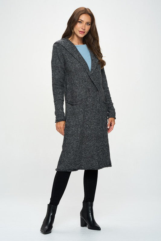 Charcoal Knit Open Front Cardigan Sweater with Pockets and Hood