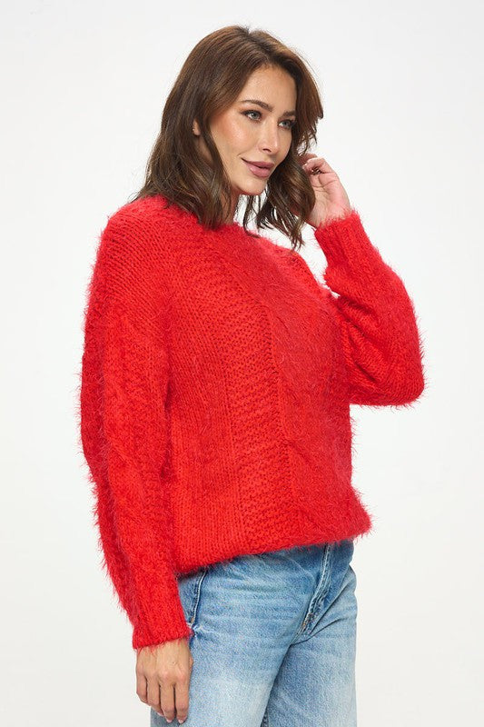 Roundneck Cozy Knit Braid Detail Sweater