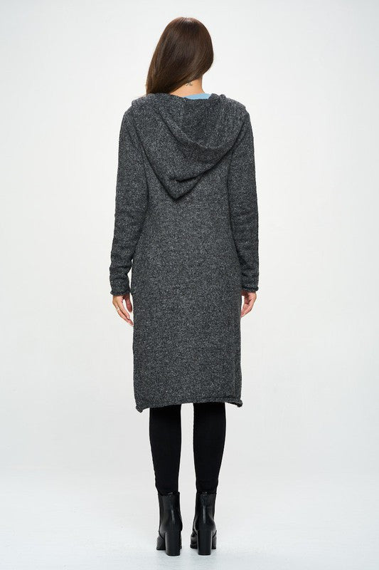 Charcoal Knit Open Front Cardigan Sweater with Pockets and Hood