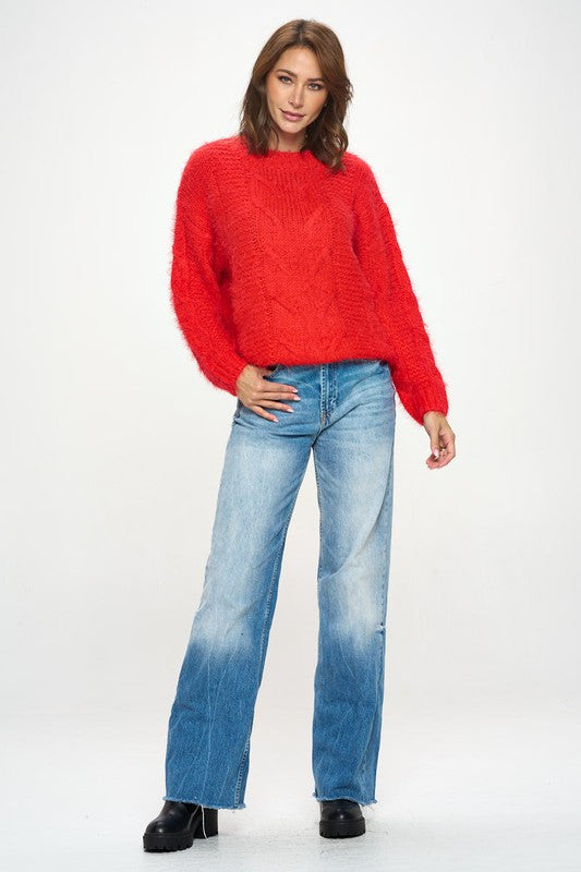Roundneck Cozy Knit Braid Detail Sweater