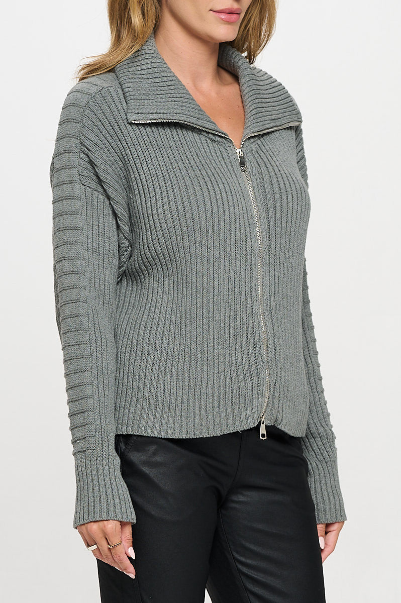 Cotton Knit Detail Long Sleeve Zip Up Sweater