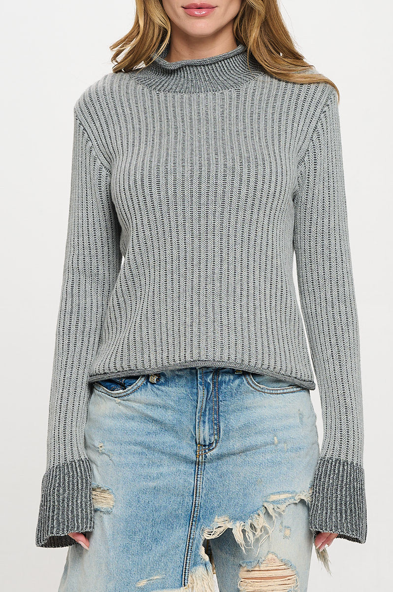 Cotton Mock Neck Sweater with Colorblock Sleeve